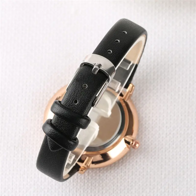 Женские часы кварцевые наручные черный циферблат кожаный ремешок для часов