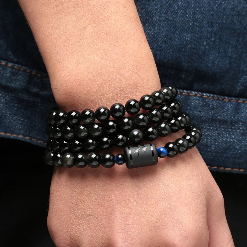 Многослойный браслет из обсидиана с бусинами и синим тигровым глазом