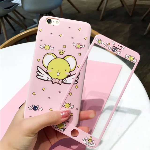 Мягкий ТПУ чехол для телефона для iphone 6 6s Plus 7 8+ передняя защита экрана 3D Защитная пленка из закаленного стекла Cardcaptor узор с Сакурой