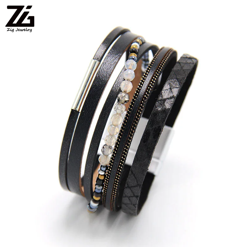ZG натуральный камень женский кожаный браслет Pulseira многослойный браслет с магнитной пряжкой Женская мода - Окраска металла: black