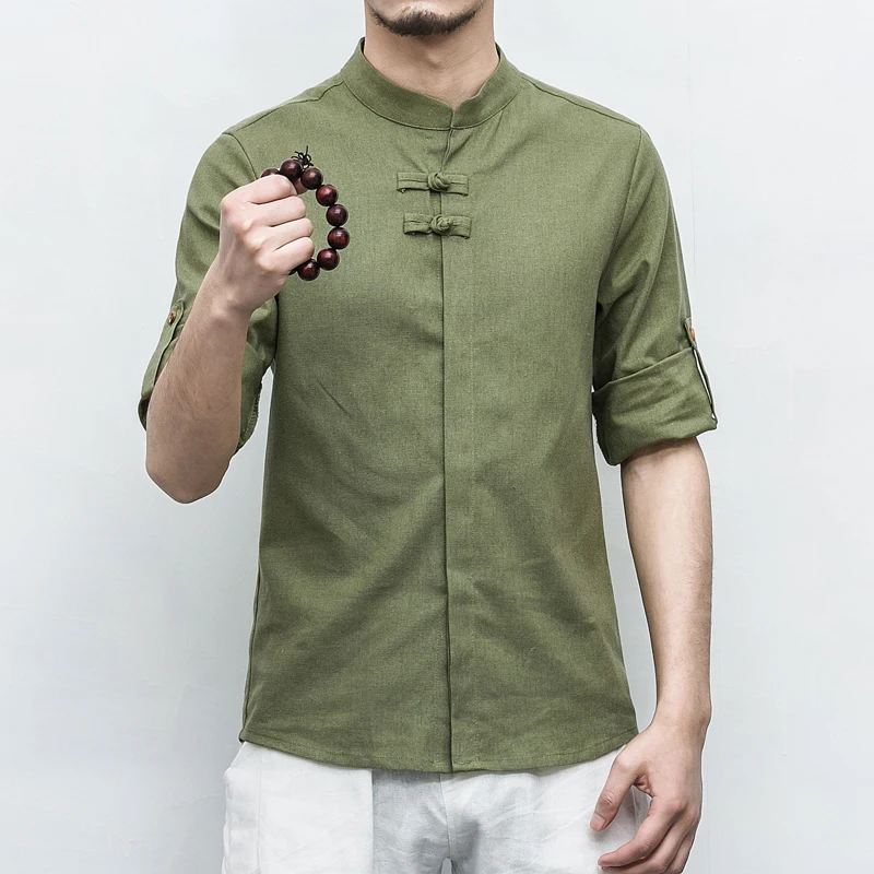 Китайский Стиль Тан Чжуан рубашка Для мужчин Мода 2018 осенью новый Slim Fit Мужской 3/4