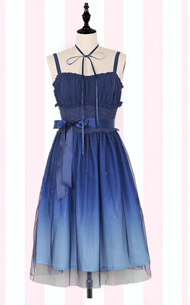 only short dress JSK блестящие звезды Лолита платье Градиент JSK звезда синий Девушки Твердые Необычные платья Кружева Гофрированный складчатый платье с рубашкой комплект - Цвет: only short dress