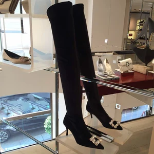 Женские сапоги выше колена Koovan, сезон осень-зима 2021, сапоги Стразы с квадратной пряжкой, заостренные эластичные сапоги, обувь на высоком каблуке