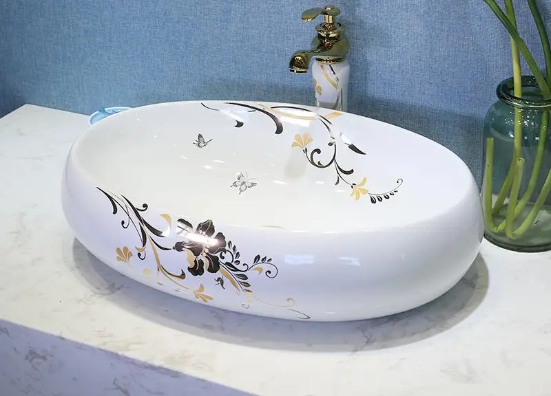 Китай керамическое блюдо с рисунком искусство Lavabo Ванная комната сосуд раковины круглый Столешница белый овальный керамический умывальник раковина для ванной комнаты - Цвет: L48CM only sink 5