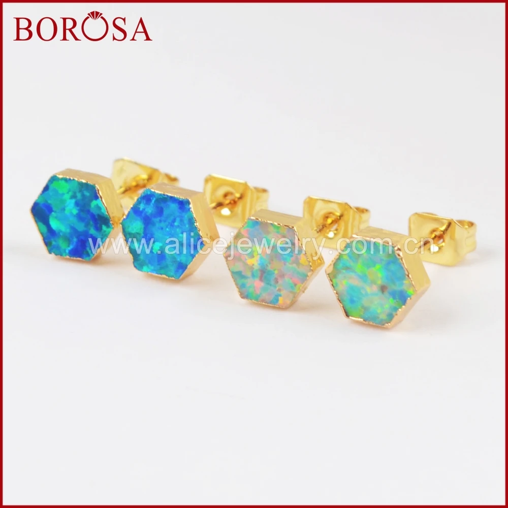 Женские серьги гвоздики BOROSA золотой Шестигранник белый/синий опал японский