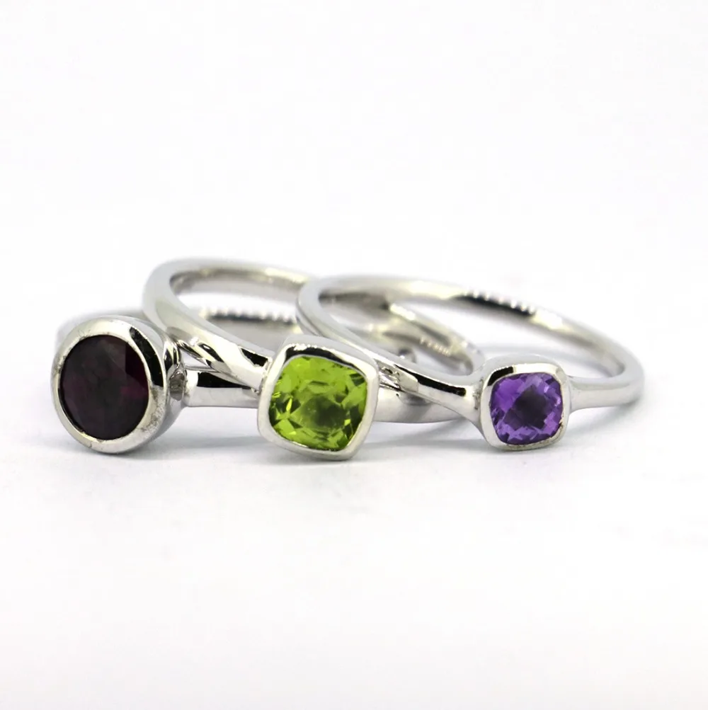 3 шт./компл. одноцветное 925 пробы серебро и натуральным гранатом, peridotamethyst камни Стека Кольцо
