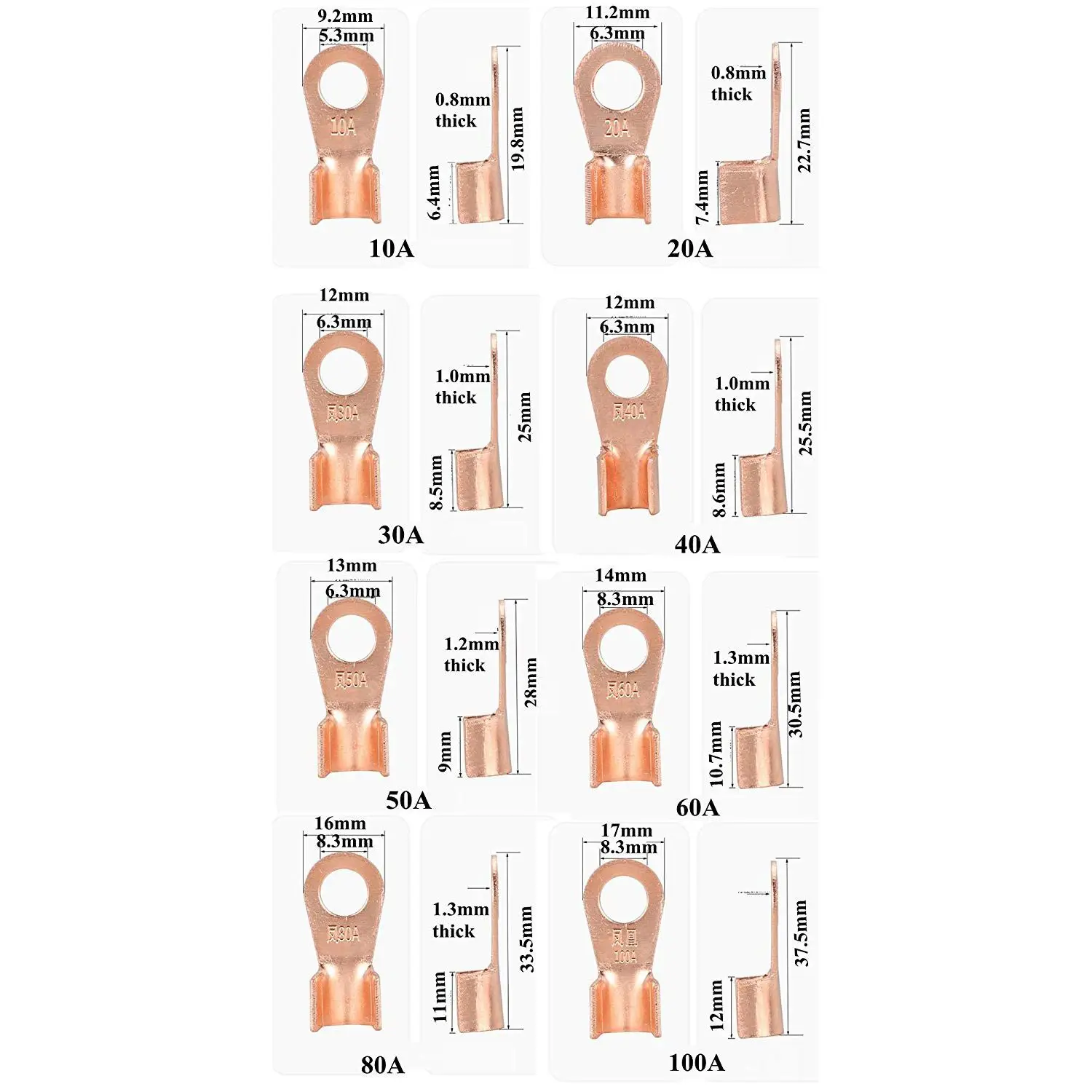 SHGO-Open Barrel Wire Crimp Connector Copper Ring Lug Terminals Assortment Kit OT 5A 10A 20A 30A 40A 50A 60A 100A (Pack of 185) |