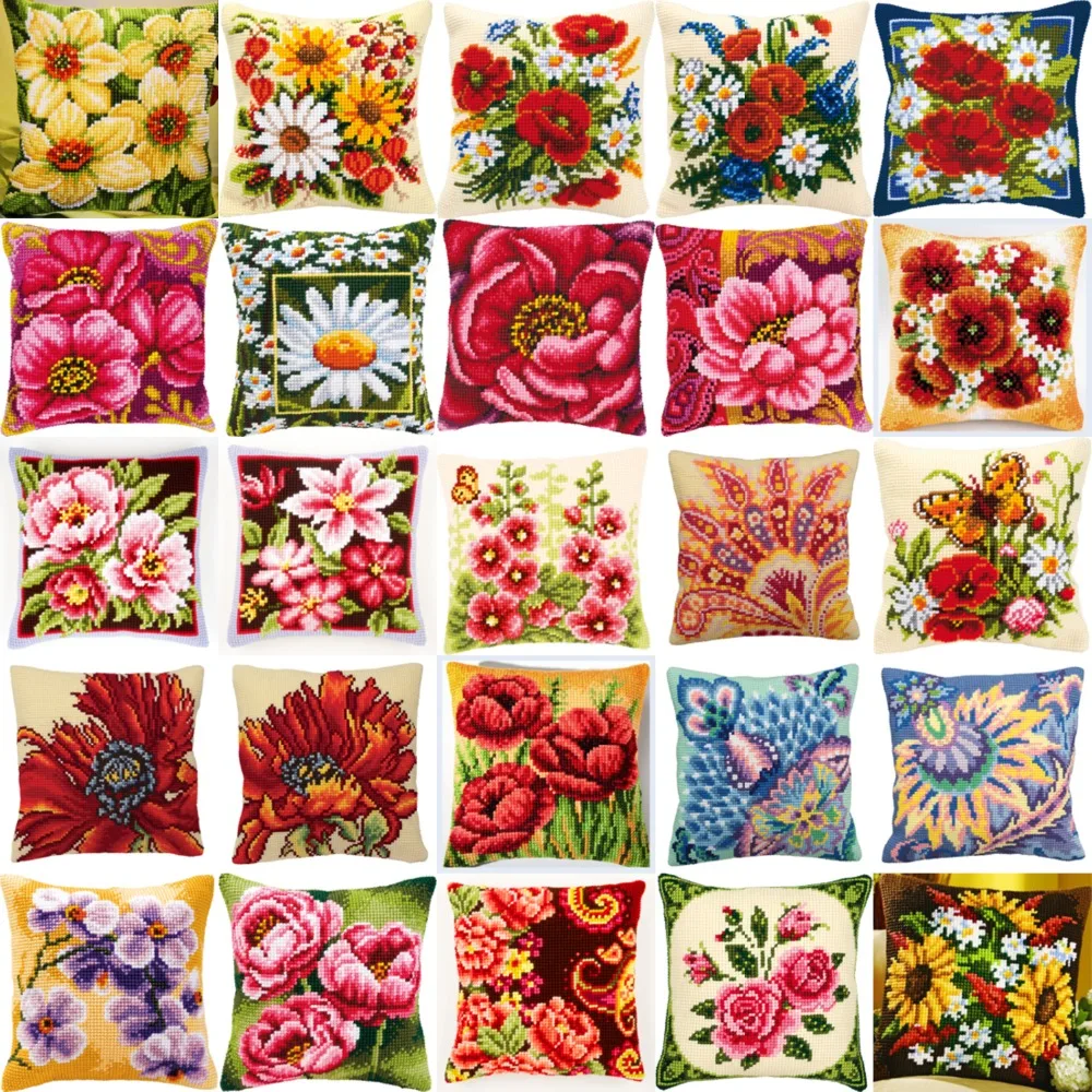 

1N7 Poppy flowers 2016 DIY Needlework Kit Acrylic Yarn Embroidery Pillow Tapestry Canvas Cushion Front Cross Stitch Pillowcase-
