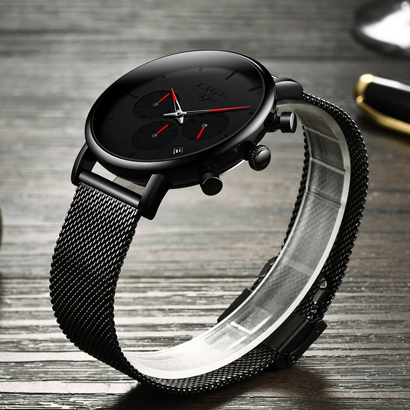 LIGE Fashion Thin Mens Watches Top Brand Luxury Quartz Watch Men Casual Slim Mesh Waterproof Sport Black Relogio Masculino | Наручные