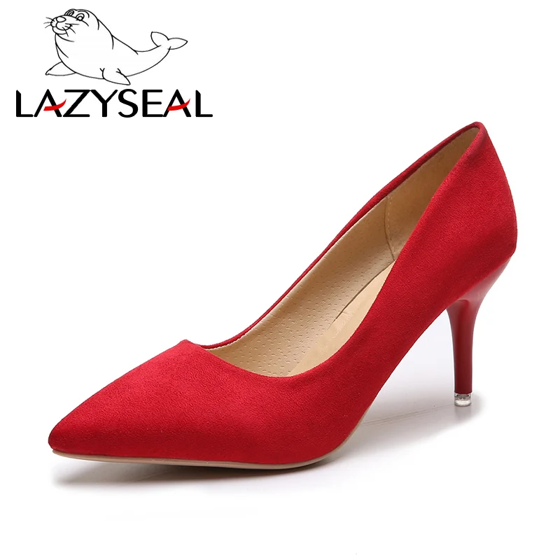 Red LazySeal/обувь на высоком каблуке с леопардовым принтом; женские туфли-лодочки; офисная обувь на шпильке из искусственной замши; Свадебная вечеринка; коллекция года; босоножки без застежки; женские пикантные туфли-лодочки - Цвет: Red