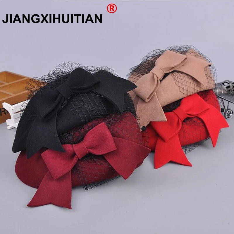 

2018 Elegant Winter 100% Australian Wool Felt Fedora Red Black Wedding Hats Women Female Bow Berets Caps Pillbox Hat Chapeau