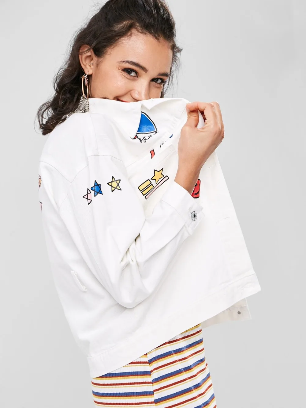 Модные принты передний карман Graphic Denim Jacket для Для женщин графический из