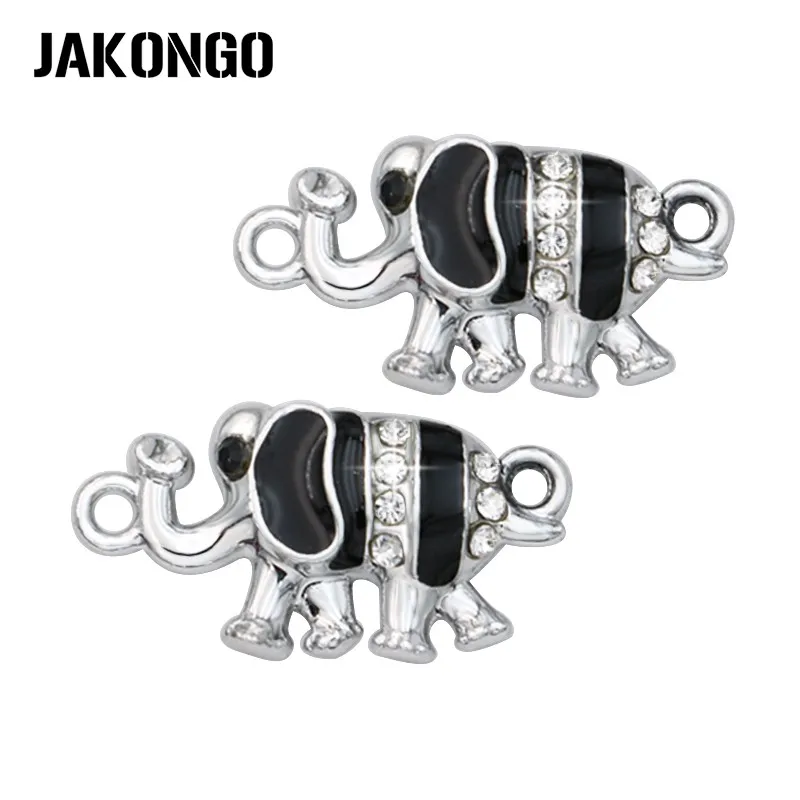 

JAKONGO Silver Plated Crystal Black Enamel Elephant Connector for Jewelry Making Bracelet Accessories Findings 24x12mm 5pcs/lot
