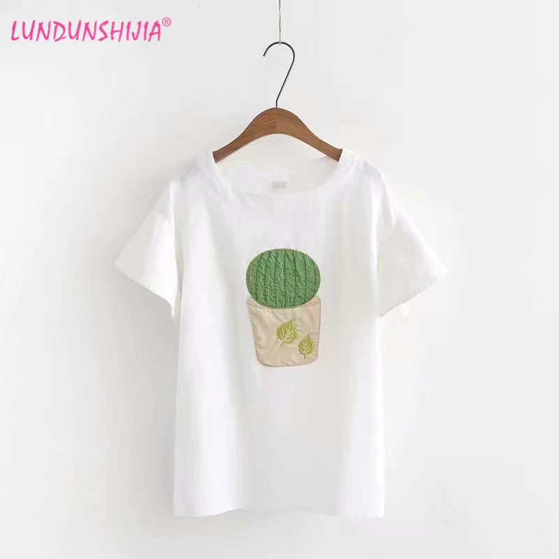 Женская хлопковая Футболка LUNDUNSHIJIA белая футболка с вышивкой кактуса коротким