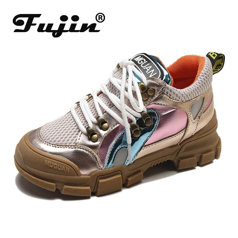 Женские кроссовки на высокой платформе Fujin черные из натуральной кожи в стиле
