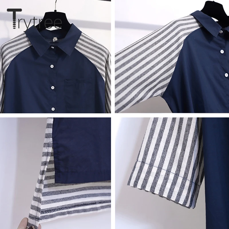 Trytree/летнее Повседневное платье с отложным воротником из хлопка полиэстера темно