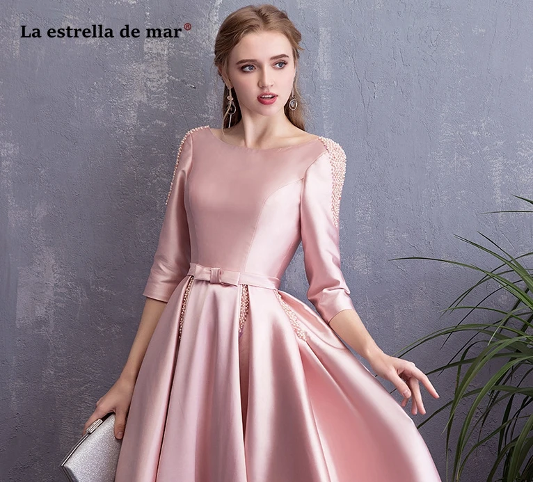 Vestido madrinha longo2019 атласный жемчужный рукав три четверти ТРАПЕЦИЕВИДНОЕ розовое платье подружки невесты ретро свадебное платье abiti dami