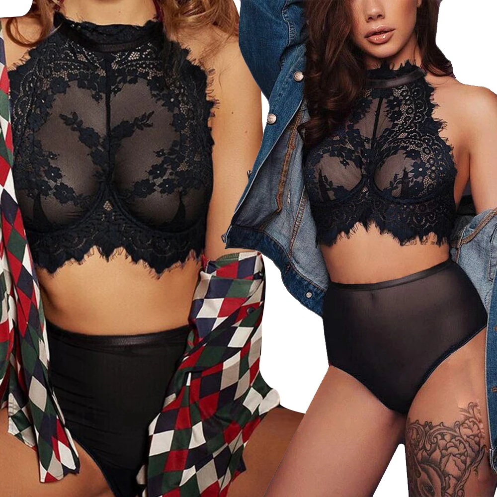 Женский сексуальный черный кружевной прозрачный без рукавов укороченный топ на