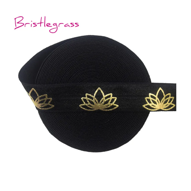 BRISTLEGRASS 5 ярдов 5/" 15 мм Золотой лотос фольга печать Блестящий складывающийся над эластичными врагами повязка из спандекса повязка на голову повязка для волос платье DIY шитье - Цвет: Black