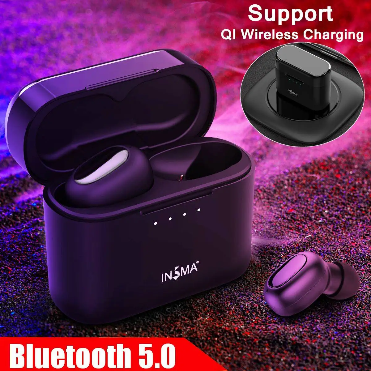 INSMA AirBuds с QI зарядный чехол Мини TWS наушники bluetooth 5,0 Наушники Hi-Fi стерео Беспроводная гарнитура Черный