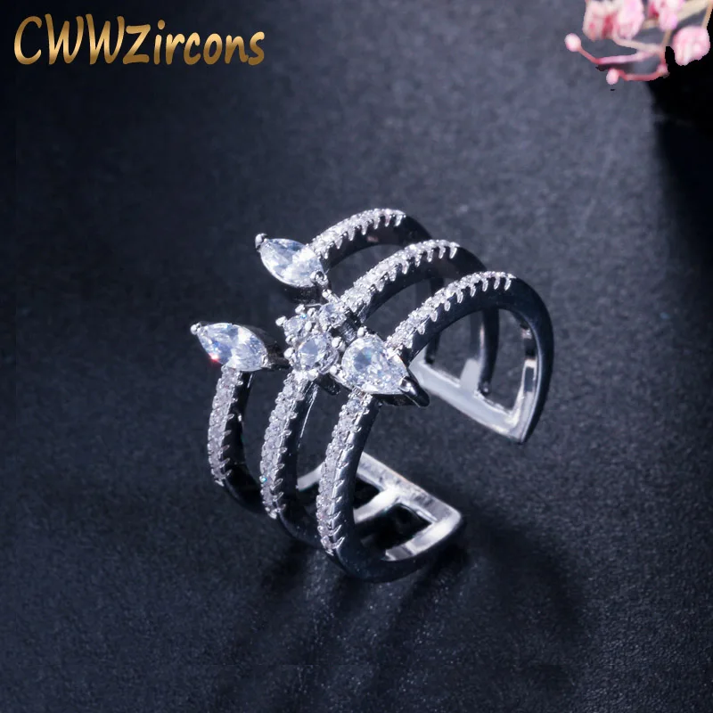 silver CWWZircons регулируемый размер микро проложить кубический цирконий Модные женские открытые манжеты кольцо для женщин обручение Свадебные украшения R126 - Цвет основного камня: silver