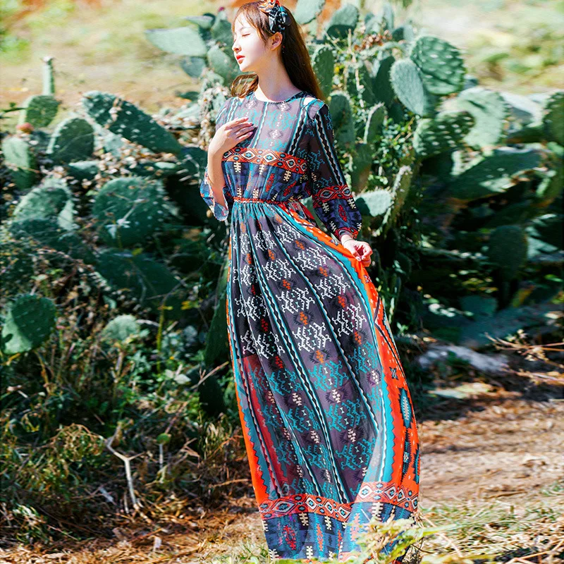 Женское шифоновое платье-макси с круглым вырезом и цветочным принтом | Женская