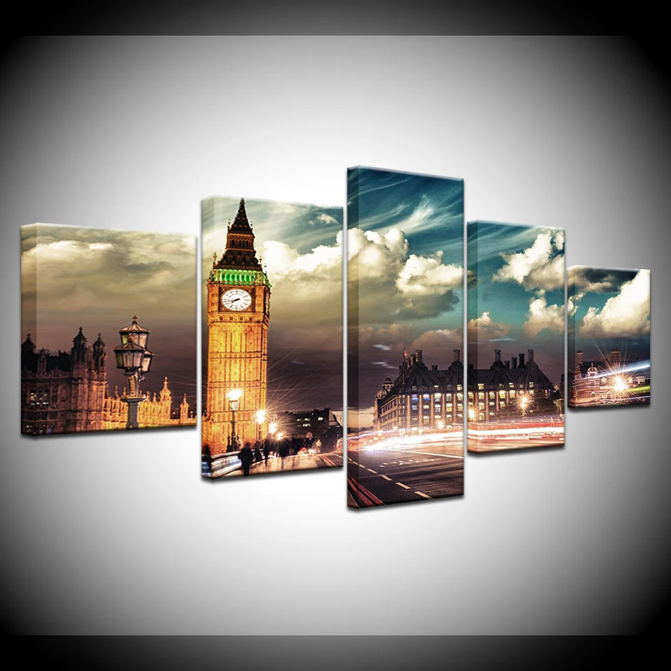 

canvas painting landscape art wall picture London Big Ben building 5 Panel Wall Canvas frame Architecture Picture For Home Decor