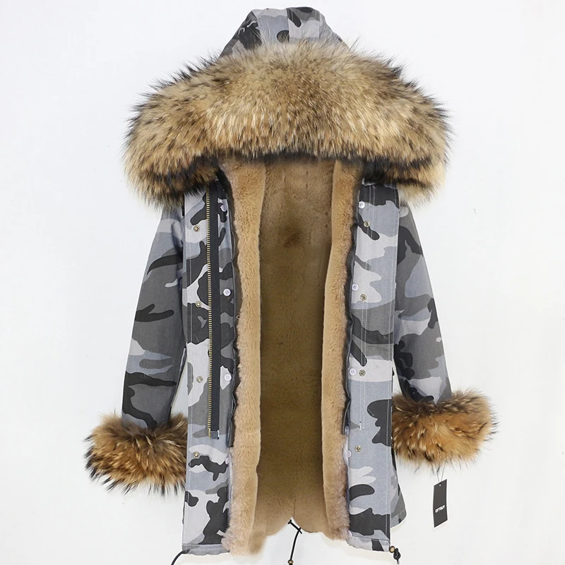 grey camo DX OFTBUY, пальто с натуральным мехом, зимняя куртка, Женская длинная парка, с манжетами, натуральный мех енота, Отделка капюшона, Толстая теплая уличная одежда, верхняя одежда, новинка - Цвет: grey camo DX