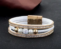 5 colors new leather magnet buckle bracelet crystal rhinestone beaded bohemian braceletsbangles for women jewelry wholesale