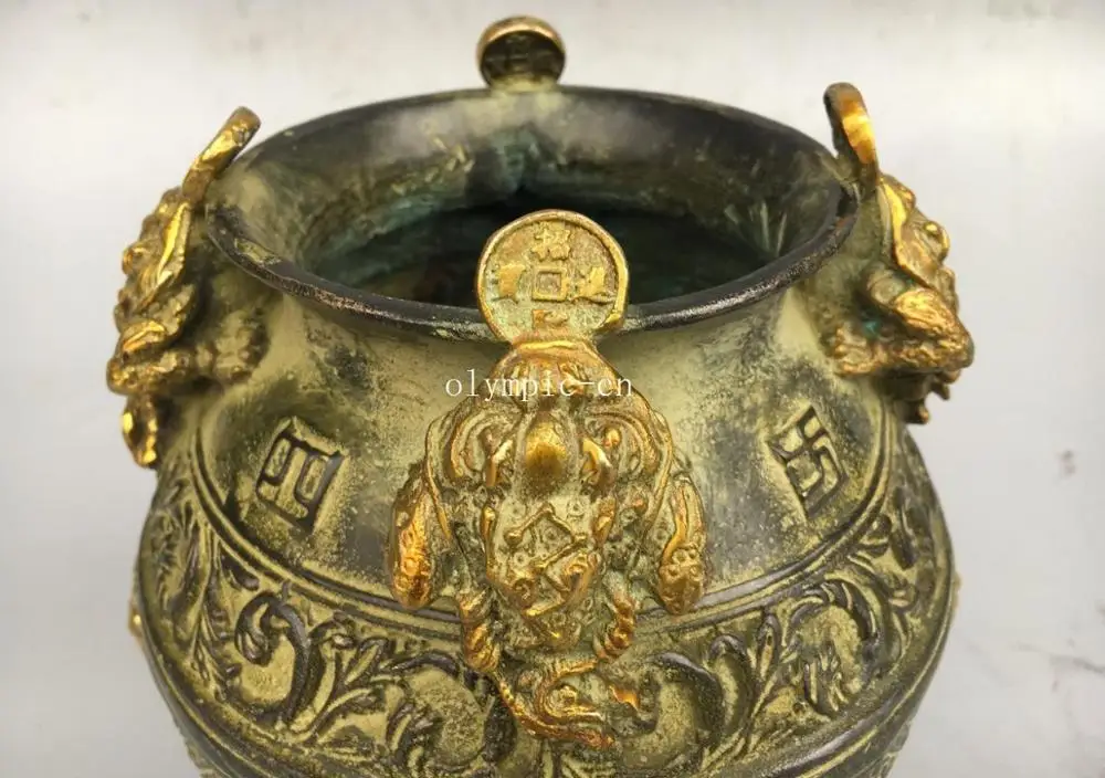 7 дюймов бронзовая Медь Золотая резная Лев жаба лягушка богатство горшок чашки