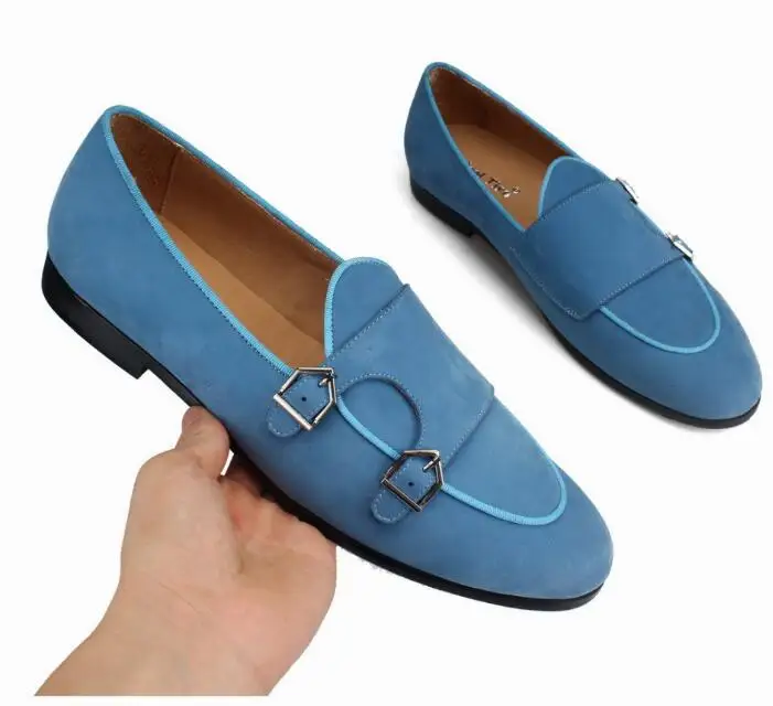 Blue Suede Shoes Loafers Men's Moccasins Casual Flats Dress Double Buckles Wedding Large Size | Обувь