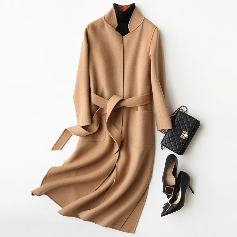 Женское шерстяное пальто 2020 Осень-Зима Повседневное регулируемое поясное с