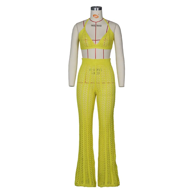 Женский вязаный комплект из двух предметов желтый крючком укороченный топ без