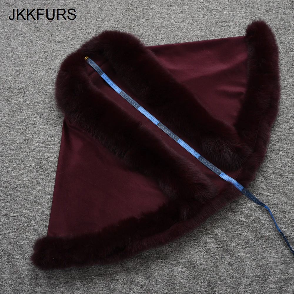 JKKFURS, женское пончо из натурального меха, Воротник из натурального Лисьего меха, отделка и шерсть, кашемир, накидка, модный стиль, зимнее теплое пальто, S7358