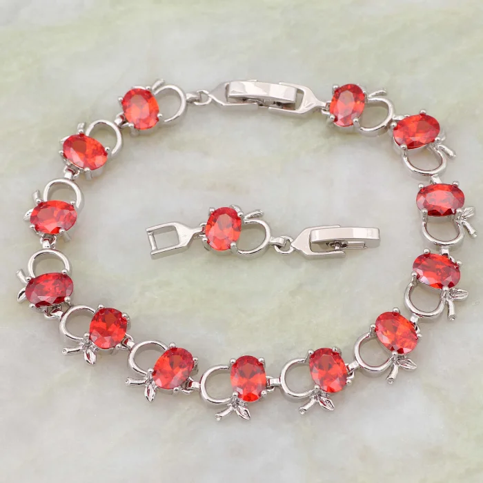 Очаровательные браслеты серебряного цвета с красным камнем яблоком и