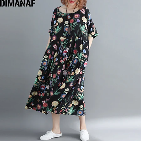 Ya710CN DIMANAF женское платье большого размера, летнее женское платье, элегантное женское пляжное платье, сарафан с цветочным принтом, льняное свободное платье большого размера 5XL 6XL - Цвет: Ya710CN