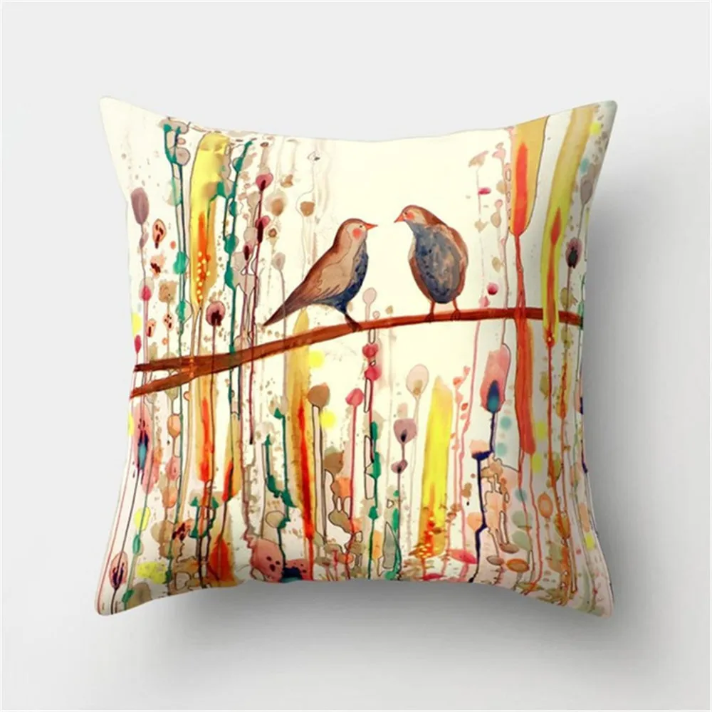 

Bird oil painting polyester pillow plant flower pillowcase home decoration Pillow Car sofa Cover