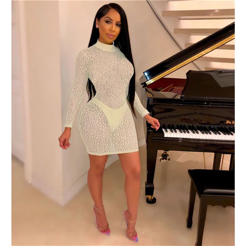 Women Summer Sexy Mini Party Dress Long Sleeve Leopard Print Bodycon Bandage Sheer Mesh Black Club Lace Vestidos | Женская одежда
