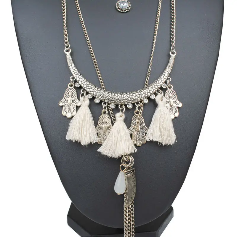 Boho Этническая Винтаж Серебряная цепочка длинная кисточкой Многоуровневая