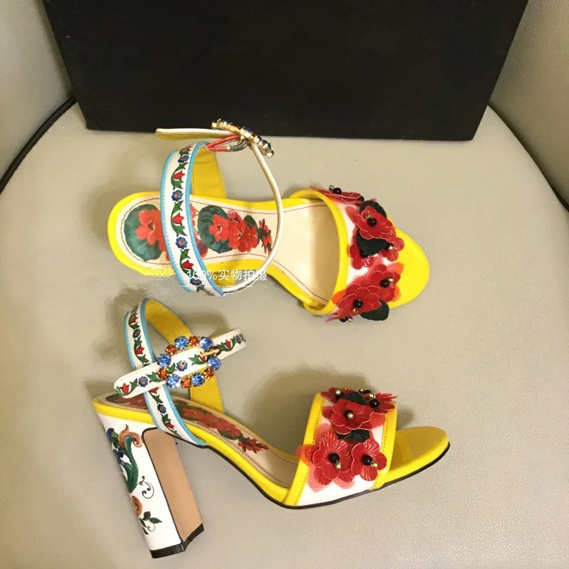 Женские босоножки на высоком каблуке с цветочным принтом EU35 41 размеры BY693 лето