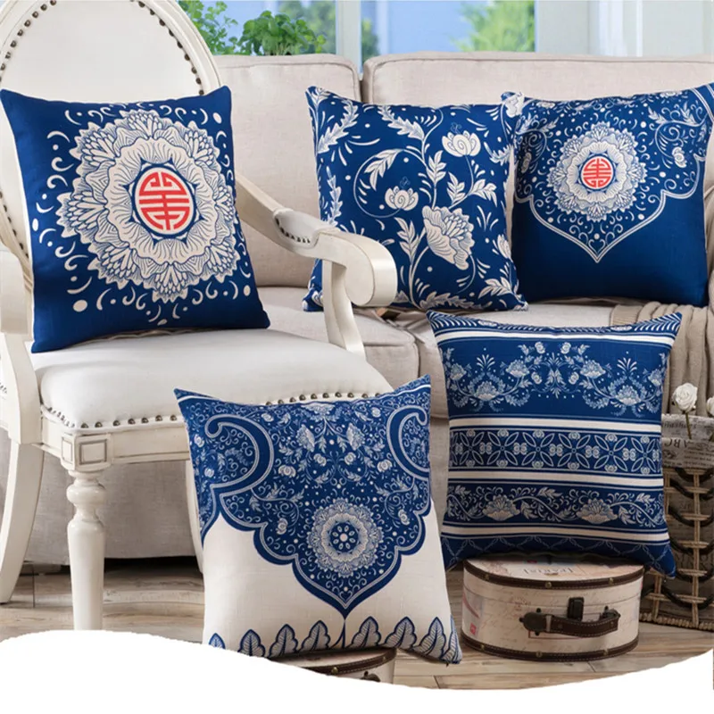 Классические китайские цветы льняная хлопковая подушка синий и белый с цветами