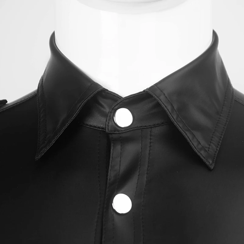 Black Sexy Mens Soft Faux Leather Police Uniform Shirt Tops with Snap Down Collar Plus Size Short Sleeve Clubwear | Мужская одежда