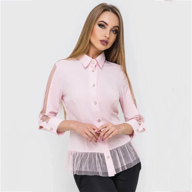 2018 осень новая кнопка моды лацканы Длинные рукава Топы с полосатой сеточкой