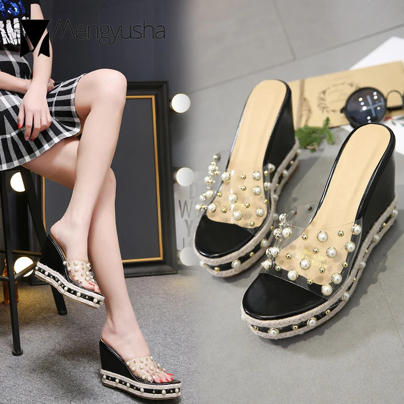 Обувь для девочек Жемчужное Украшение прозрачные Вьетнамки Летние туфли с