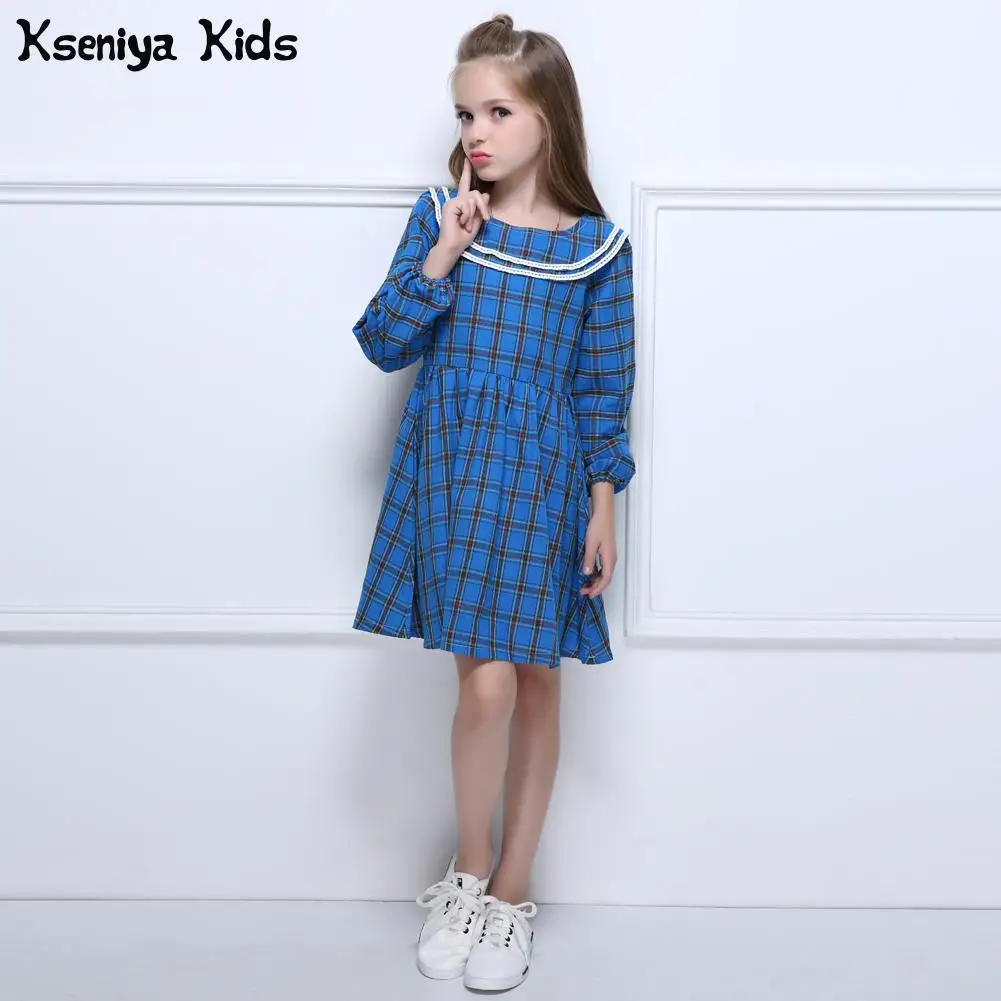 Kseniya Kids/осень-зима; детское платье для маленьких девочек в синюю клетку в английском стиле; милое повседневное хлопковое платье; платья с длинными рукавами для девочек