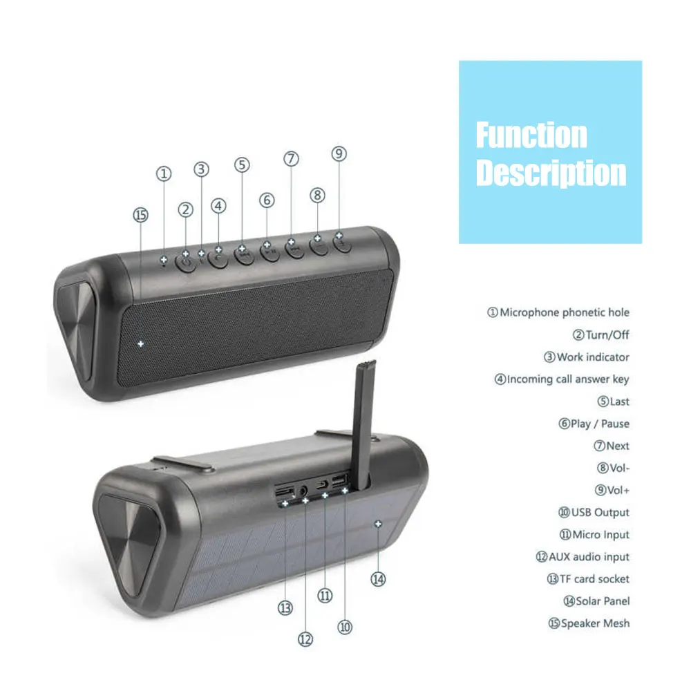 Bluetooth Колонка на солнечной батарее IPX5 водонепроницаемая Портативная