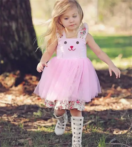 2018 New Kid Girls Halter Pink Tutu Dress Rabbit Princess Baby Girl Cute Bunny Floral Tulle Summer Chidlren Clothes | Детская одежда и
