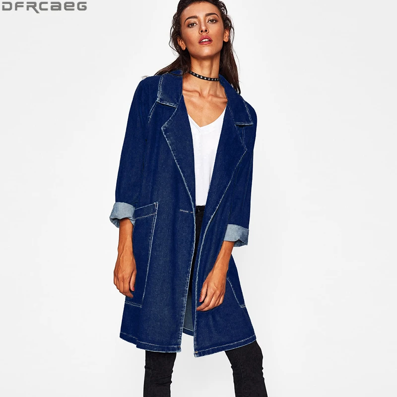 Женский джинсовый Тренч с большими карманами и отложным воротником 2019|denim trench