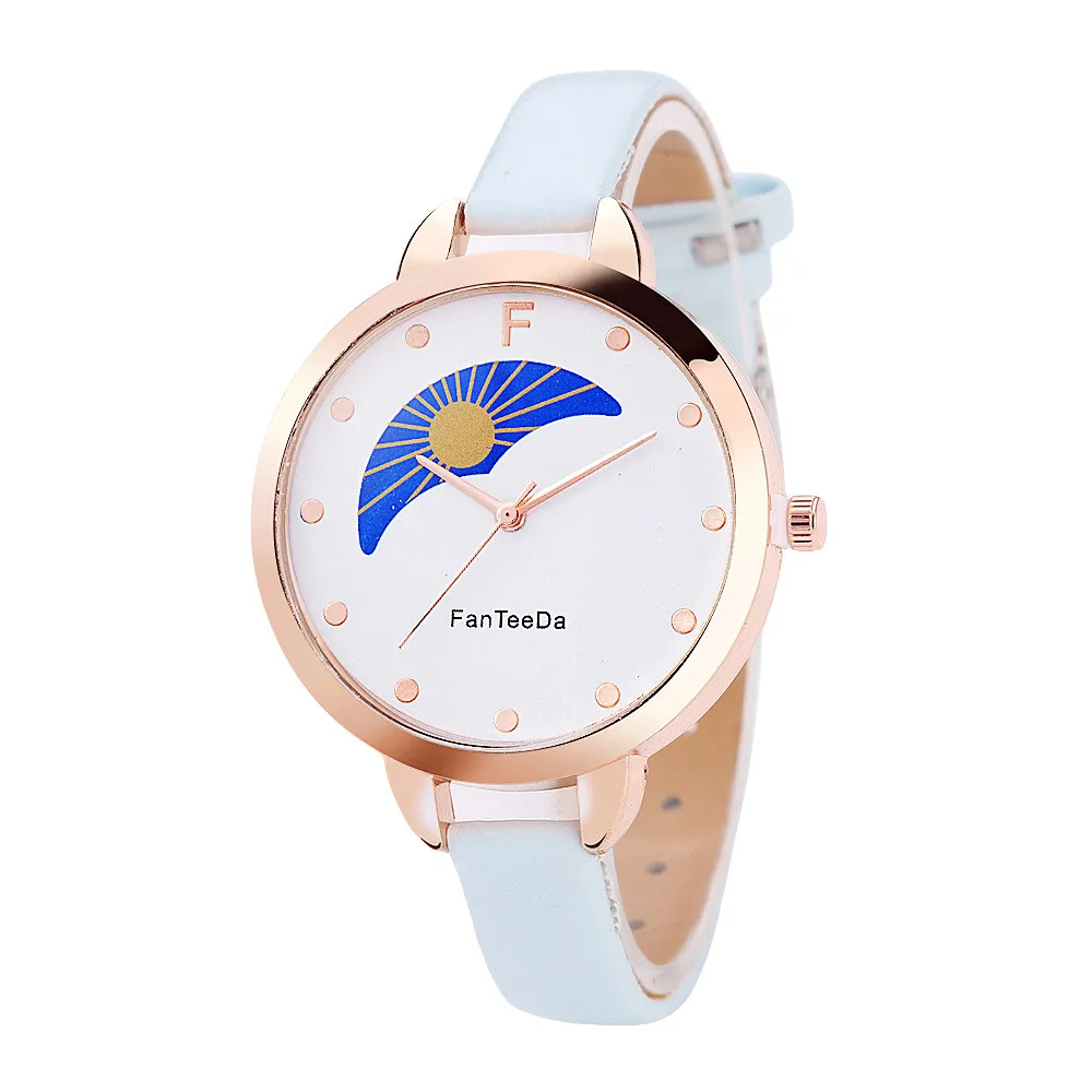 FanTeeDa relogio feminino Sun and moon Alloy Analog Leather Band Quartz Wrist Watch women Clock Casual Round kadin saat mujerB40 - Цвет: Небесно-голубой