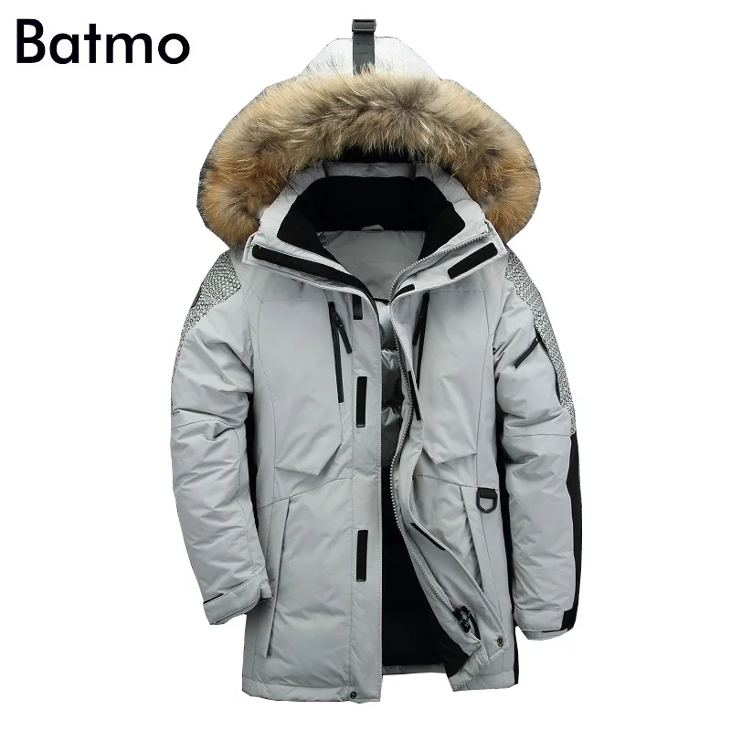 

Batmo 2018 Новое поступление Зима Высокое качество белый утиный пух енота меховой воротник с капюшоном куртки для мужчин, мужское теплое пальто ...